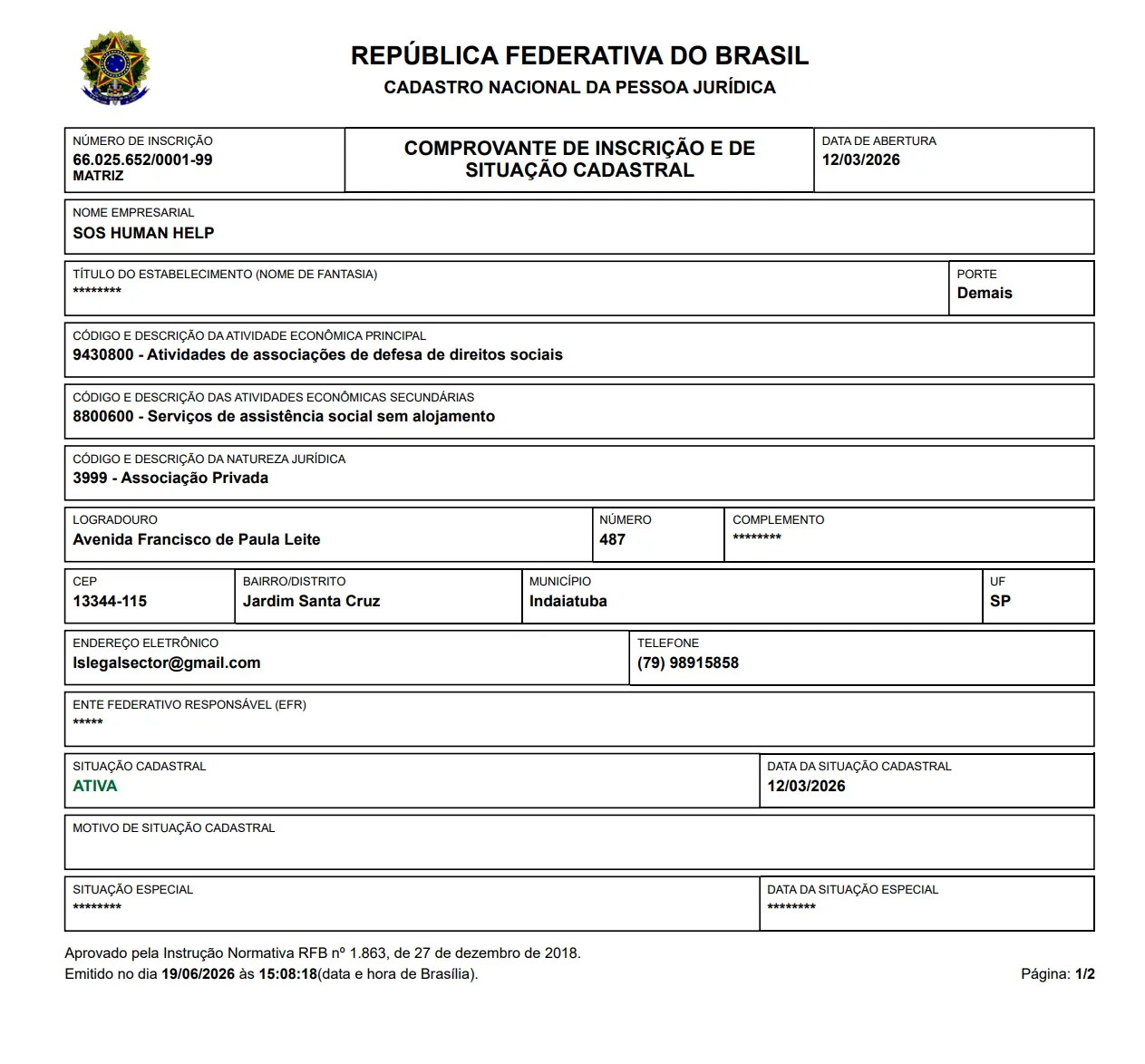 SOS Human Help CNPJ registration document